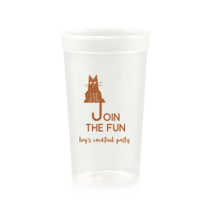 Elevate your home entertaining or birthday bash with the Cat Join the Fun Cup, whimsically illustrated with a cat whose tail creatively forms the letter 'J', helping to spell the phrase "Join the Fun." Below this playful design, add a personal touch by customizing with your name, inviting guests to share in the merriment.