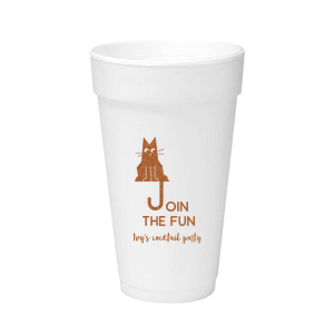 Elevate your home entertaining or birthday bash with the Cat Join the Fun Cup, whimsically illustrated with a cat whose tail creatively forms the letter 'J', helping to spell the phrase "Join the Fun." Below this playful design, add a personal touch by customizing with your name, inviting guests to share in the merriment.