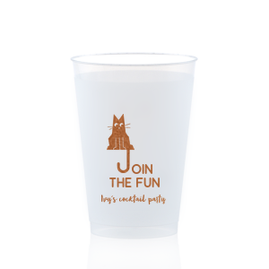 Elevate your home entertaining or birthday bash with the Cat Join the Fun Cup, whimsically illustrated with a cat whose tail creatively forms the letter 'J', helping to spell the phrase "Join the Fun." Below this playful design, add a personal touch by customizing with your name, inviting guests to share in the merriment.