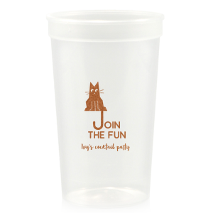 Elevate your home entertaining or birthday bash with the Cat Join the Fun Cup, whimsically illustrated with a cat whose tail creatively forms the letter 'J', helping to spell the phrase "Join the Fun." Below this playful design, add a personal touch by customizing with your name, inviting guests to share in the merriment.
