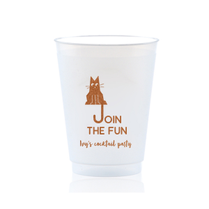 Elevate your home entertaining or birthday bash with the Cat Join the Fun Cup, whimsically illustrated with a cat whose tail creatively forms the letter 'J', helping to spell the phrase "Join the Fun." Below this playful design, add a personal touch by customizing with your name, inviting guests to share in the merriment.