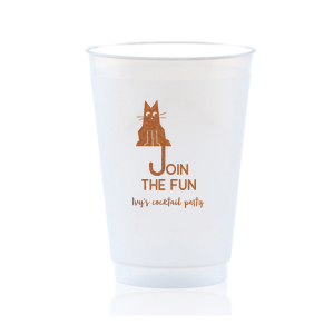 Elevate your home entertaining or birthday bash with the Cat Join the Fun Cup, whimsically illustrated with a cat whose tail creatively forms the letter 'J', helping to spell the phrase "Join the Fun." Below this playful design, add a personal touch by customizing with your name, inviting guests to share in the merriment.