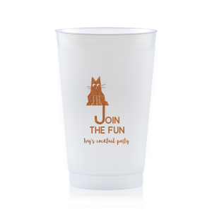 Elevate your home entertaining or birthday bash with the Cat Join the Fun Cup, whimsically illustrated with a cat whose tail creatively forms the letter 'J', helping to spell the phrase "Join the Fun." Below this playful design, add a personal touch by customizing with your name, inviting guests to share in the merriment.
