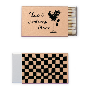 Add a touch of fun to your event with our personalized matchbooks, featuring adorable kawaii-style art of a cat in a martini glass. With room for three lines of custom text, these foil-stamped, made-to-order matchbooks are perfect as party favors or unique gifts. Ideal for birthdays, themed parties, and special occasions.
