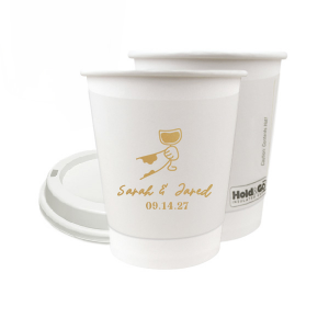 Cheers to love with the Toasting Hands Wedding Cup, adorned with a delightful cartoon hand raising a glass of wine in celebration. Beneath this charming graphic, add a personal touch with the couple's names in a playful script font, followed by the event date in a classic serif. A delightful addition to your wedding day festivities.