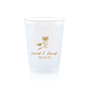 Cheers to love with the Toasting Hands Wedding Cup, adorned with a delightful cartoon hand raising a glass of wine in celebration. Beneath this charming graphic, add a personal touch with the couple's names in a playful script font, followed by the event date in a classic serif. A delightful addition to your wedding day festivities.