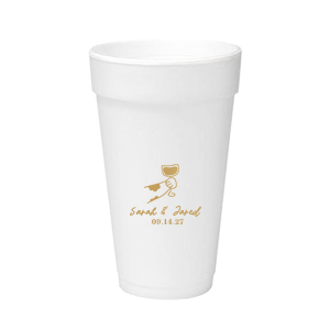 Cheers to love with the Toasting Hands Wedding Cup, adorned with a delightful cartoon hand raising a glass of wine in celebration. Beneath this charming graphic, add a personal touch with the couple's names in a playful script font, followed by the event date in a classic serif. A delightful addition to your wedding day festivities.