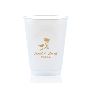 Cheers to love with the Toasting Hands Wedding Cup, adorned with a delightful cartoon hand raising a glass of wine in celebration. Beneath this charming graphic, add a personal touch with the couple's names in a playful script font, followed by the event date in a classic serif. A delightful addition to your wedding day festivities.
