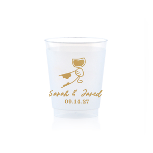 Cheers to love with the Toasting Hands Wedding Cup, adorned with a delightful cartoon hand raising a glass of wine in celebration. Beneath this charming graphic, add a personal touch with the couple's names in a playful script font, followed by the event date in a classic serif. A delightful addition to your wedding day festivities.
