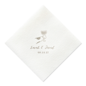 Add a whimsical touch to your wedding celebration with the Toasting Hands Wedding Napkin, showcasing a charming cartoon hand toasting with a glass of wine. Customizable with the couple's names in a sweet script font and the special date in an elegant serif below, this napkin is a perfect blend of fun and sophistication.