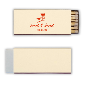 Ignite the spark of your wedding day with the Toasting Hands Wedding Matches, featuring an endearing illustration of a cartoon hand with a glass of wine raised in a celebratory toast. Below the image, the couple's names are elegantly written in a charming script, with the event date thoughtfully placed in a classic serif font. These matches are a delightful memento of your union.