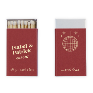 Light up the dance floor with the Love and Disco Wedding Matchbook, where retro meets romance. One side features the couple's names and the date of the event, slanting above the timeless "all you need is love" in a flowing script. The flip side keeps the beat with "...and disco," underscored by a dazzling disco ball and sparkles, ensuring your wedding strikes just the right note.