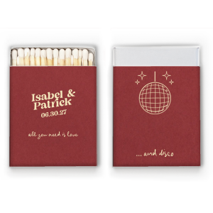 Light up the dance floor with the Love and Disco Wedding Matchbook, where retro meets romance. One side features the couple's names and the date of the event, slanting above the timeless "all you need is love" in a flowing script. The flip side keeps the beat with "...and disco," underscored by a dazzling disco ball and sparkles, ensuring your wedding strikes just the right note.