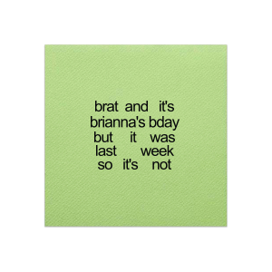 If you're having a brat summer, the Brat Birthday Party Napkin is for you. Charli xcx would approve of this icon birthday party accessory. Personalize with your name and get ready to party. 