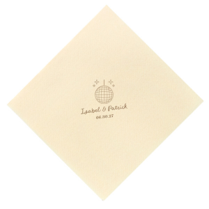 Celebrate your union under the mirrored lights with the Groovy Glitz Wedding Napkin. This festive design features a sparkling disco ball and twinkling sparkles, setting a lively mood. Add a personal touch with the couple's names elegantly scripted above, and the wedding date in a polished serif font below, for a chic nod to your unforgettable evening.