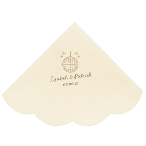 Celebrate your union under the mirrored lights with the Groovy Glitz Wedding Napkin. This festive design features a sparkling disco ball and twinkling sparkles, setting a lively mood. Add a personal touch with the couple's names elegantly scripted above, and the wedding date in a polished serif font below, for a chic nod to your unforgettable evening.