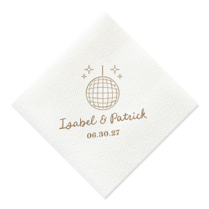 Celebrate your union under the mirrored lights with the Groovy Glitz Wedding Napkin. This festive design features a sparkling disco ball and twinkling sparkles, setting a lively mood. Add a personal touch with the couple's names elegantly scripted above, and the wedding date in a polished serif font below, for a chic nod to your unforgettable evening.