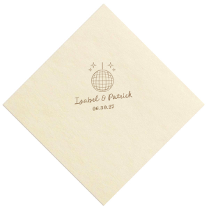 Celebrate your union under the mirrored lights with the Groovy Glitz Wedding Napkin. This festive design features a sparkling disco ball and twinkling sparkles, setting a lively mood. Add a personal touch with the couple's names elegantly scripted above, and the wedding date in a polished serif font below, for a chic nod to your unforgettable evening.