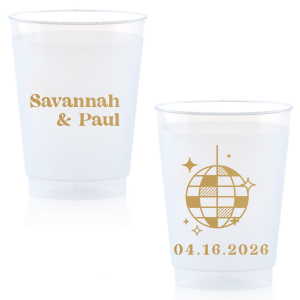 This Retro Wedding Disco Ball Cup features bold lettering of the couple’s names paired with a retro disco ball illustration and event date on the reverse for a party-ready vibe. Grab a set to keep drinks flowing and guests dancing all night. Spot-on for wedding receptions and dance-floor celebrations.