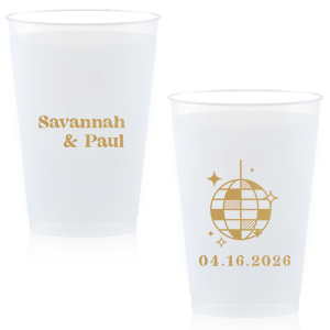 This Retro Wedding Disco Ball Cup features bold lettering of the couple’s names paired with a retro disco ball illustration and event date on the reverse for a party-ready vibe. Grab a set to keep drinks flowing and guests dancing all night. Spot-on for wedding receptions and dance-floor celebrations.