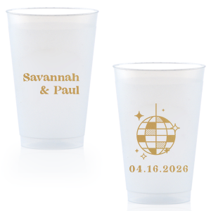 This Retro Wedding Disco Ball Cup features bold lettering of the couple’s names paired with a retro disco ball illustration and event date on the reverse for a party-ready vibe. Grab a set to keep drinks flowing and guests dancing all night. Spot-on for wedding receptions and dance-floor celebrations.