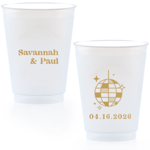 This Retro Wedding Disco Ball Cup features bold lettering of the couple’s names paired with a retro disco ball illustration and event date on the reverse for a party-ready vibe. Grab a set to keep drinks flowing and guests dancing all night. Spot-on for wedding receptions and dance-floor celebrations.