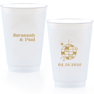 This Retro Wedding Disco Ball Cup features bold lettering of the couple’s names paired with a retro disco ball illustration and event date on the reverse for a party-ready vibe. Grab a set to keep drinks flowing and guests dancing all night. Spot-on for wedding receptions and dance-floor celebrations.