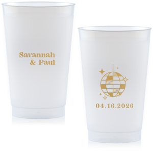 This Retro Wedding Disco Ball Cup features bold lettering of the couple’s names paired with a retro disco ball illustration and event date on the reverse for a party-ready vibe. Grab a set to keep drinks flowing and guests dancing all night. Spot-on for wedding receptions and dance-floor celebrations.
