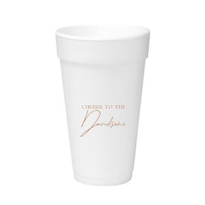Raise a toast with the Boho Terracotta Cheers to the Wedding Cup, where rustic meets refinement. The phrase "Cheers to the" is beautifully presented in a classic serif font, inviting you to inscribe the couple's surname below in a sophisticated script. A cup that embodies the warmth and subtle drama of your autumnal nuptials.
