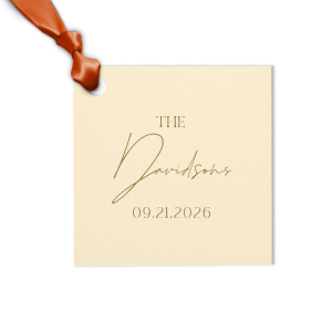 Add a personalized touch to your wedding favors with the Boho Terracotta Wedding Date Gift Tag. This tag begins with "The" in a stately serif font, followed by the newlyweds' surname in a graceful script. Finalize this bespoke detail with the date of your special day, all in the same classic font, capturing the essence of your chic and moody fall celebration.