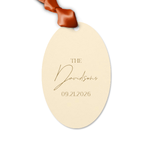 Add a personalized touch to your wedding favors with the Boho Terracotta Wedding Date Gift Tag. This tag begins with "The" in a stately serif font, followed by the newlyweds' surname in a graceful script. Finalize this bespoke detail with the date of your special day, all in the same classic font, capturing the essence of your chic and moody fall celebration.