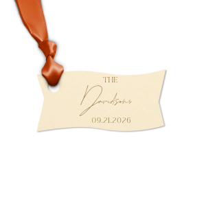 Add a personalized touch to your wedding favors with the Boho Terracotta Wedding Date Gift Tag. This tag begins with "The" in a stately serif font, followed by the newlyweds' surname in a graceful script. Finalize this bespoke detail with the date of your special day, all in the same classic font, capturing the essence of your chic and moody fall celebration.