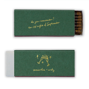 Do you remember? The 21st Night of September Wedding Matches features flowing script lettering and a sparkly toast illustration for a sentimental touch. Choose it to commemorate meaningful moments musically. Great for engagements or anniversaries.