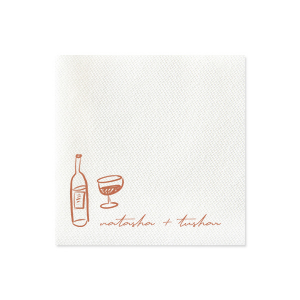 Complement the rich hues of your autumn celebration with the Boho Terracotta Line Art Wedding Napkin. This design showcases contemporary line drawings of a wine bottle and glass, perfect for a toast to the couple. Personalize with the bride and groom's names elegantly scripted below, adding a touch of modern sophistication to your moody fall wedding theme.