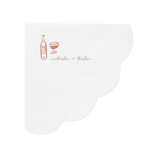 Complement the rich hues of your autumn celebration with the Boho Terracotta Line Art Wedding Napkin. This design showcases contemporary line drawings of a wine bottle and glass, perfect for a toast to the couple. Personalize with the bride and groom's names elegantly scripted below, adding a touch of modern sophistication to your moody fall wedding theme.