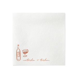 Complement the rich hues of your autumn celebration with the Boho Terracotta Line Art Wedding Napkin. This design showcases contemporary line drawings of a wine bottle and glass, perfect for a toast to the couple. Personalize with the bride and groom's names elegantly scripted below, adding a touch of modern sophistication to your moody fall wedding theme.