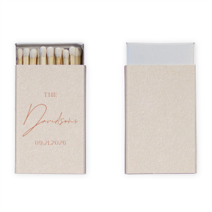 Celebrate your love with a spark of style using the Boho Terracotta Elegant Wedding Matchbook from the chic and moody fall wedding collection. The word "The" introduces your union in a distinguished serif font, leading to your shared last name in a flowing script. Complete this personalized piece with your wedding date, all set against the backdrop of warm, earthy tones.