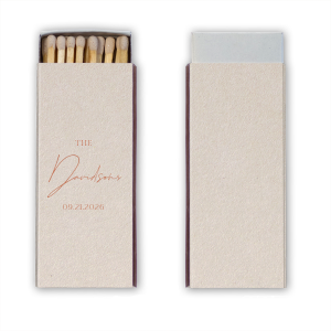 Celebrate your love with a spark of style using the Boho Terracotta Elegant Wedding Matchbook from the chic and moody fall wedding collection. The word "The" introduces your union in a distinguished serif font, leading to your shared last name in a flowing script. Complete this personalized piece with your wedding date, all set against the backdrop of warm, earthy tones.