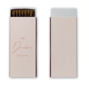 Celebrate your love with a spark of style using the Boho Terracotta Elegant Wedding Matchbook from the chic and moody fall wedding collection. The word "The" introduces your union in a distinguished serif font, leading to your shared last name in a flowing script. Complete this personalized piece with your wedding date, all set against the backdrop of warm, earthy tones.