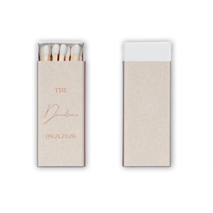Celebrate your love with a spark of style using the Boho Terracotta Elegant Wedding Matchbook from the chic and moody fall wedding collection. The word "The" introduces your union in a distinguished serif font, leading to your shared last name in a flowing script. Complete this personalized piece with your wedding date, all set against the backdrop of warm, earthy tones.