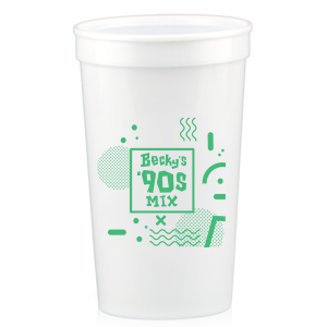 Sip back into the 90s with the 90’s Mix Party Fun Cup. Featuring a funky square with the Celebrant’s Name above "90s Mix," it's a tribute to vibrant colors and rad patterns. Customize for a celebration that's all that and a fresh Prince groove!