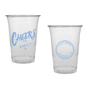 Celebrate with the Personal Cheers Cup, a dual-sided design featuring bold 'CHEERS to' and the celebrant's name on one side. The other side cleverly sports a circle badge reading 'This Drink Belongs To', with space for guests to personalize, combining fun and functionality at any event.
