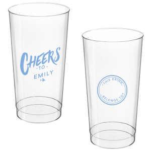 Celebrate with the Personal Cheers Cup, a dual-sided design featuring bold 'CHEERS to' and the celebrant's name on one side. The other side cleverly sports a circle badge reading 'This Drink Belongs To', with space for guests to personalize, combining fun and functionality at any event.
