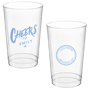 Celebrate with the Personal Cheers Cup, a dual-sided design featuring bold 'CHEERS to' and the celebrant's name on one side. The other side cleverly sports a circle badge reading 'This Drink Belongs To', with space for guests to personalize, combining fun and functionality at any event.