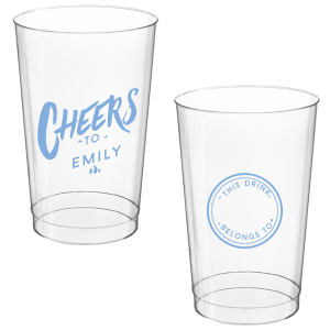 Celebrate with the Personal Cheers Cup, a dual-sided design featuring bold 'CHEERS to' and the celebrant's name on one side. The other side cleverly sports a circle badge reading 'This Drink Belongs To', with space for guests to personalize, combining fun and functionality at any event.