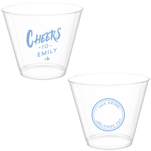 Celebrate with the Personal Cheers Cup, a dual-sided design featuring bold 'CHEERS to' and the celebrant's name on one side. The other side cleverly sports a circle badge reading 'This Drink Belongs To', with space for guests to personalize, combining fun and functionality at any event.