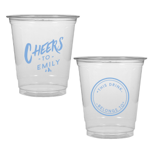 Celebrate with the Personal Cheers Cup, a dual-sided design featuring bold 'CHEERS to' and the celebrant's name on one side. The other side cleverly sports a circle badge reading 'This Drink Belongs To', with space for guests to personalize, combining fun and functionality at any event.