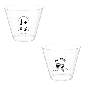 The Sunburst Initial & Toasting Glass Cup features an oval frame with classic initials, a subtle star accent, and a toast illustration with the date on the reverse. Order yours to serve drinks with a chic, custom feel guests will love. Fitting for weddings and engagement parties!