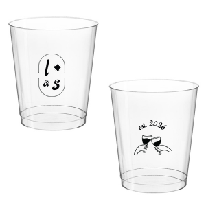 The Sunburst Initial & Toasting Glass Cup features an oval frame with classic initials, a subtle star accent, and a toast illustration with the date on the reverse. Order yours to serve drinks with a chic, custom feel guests will love. Fitting for weddings and engagement parties!
