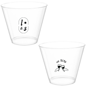The Sunburst Initial & Toasting Glass Cup features an oval frame with classic initials, a subtle star accent, and a toast illustration with the date on the reverse. Order yours to serve drinks with a chic, custom feel guests will love. Fitting for weddings and engagement parties!